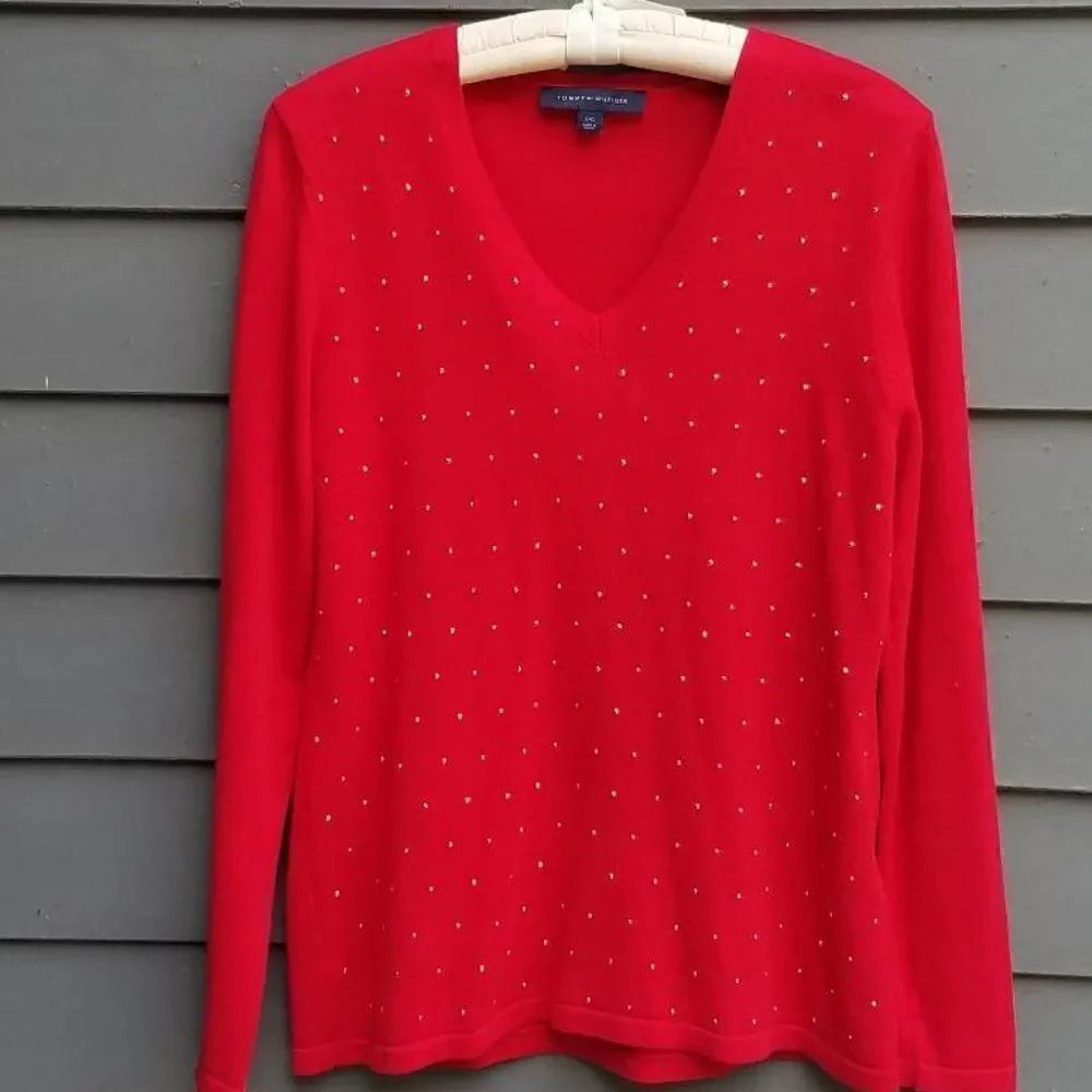 Tommy Hilfiger Red Cotton Long Sleeve V Neck Top with Gold Studs Large